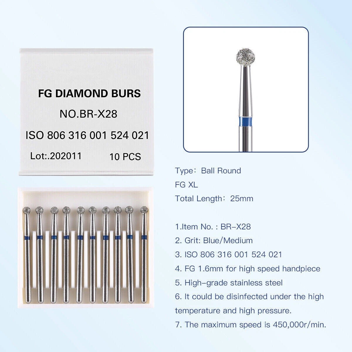 10 Pcs/Box Dental Diamond Burs Ball Round 25mm For High Speed Handpiece FG 1.6mm