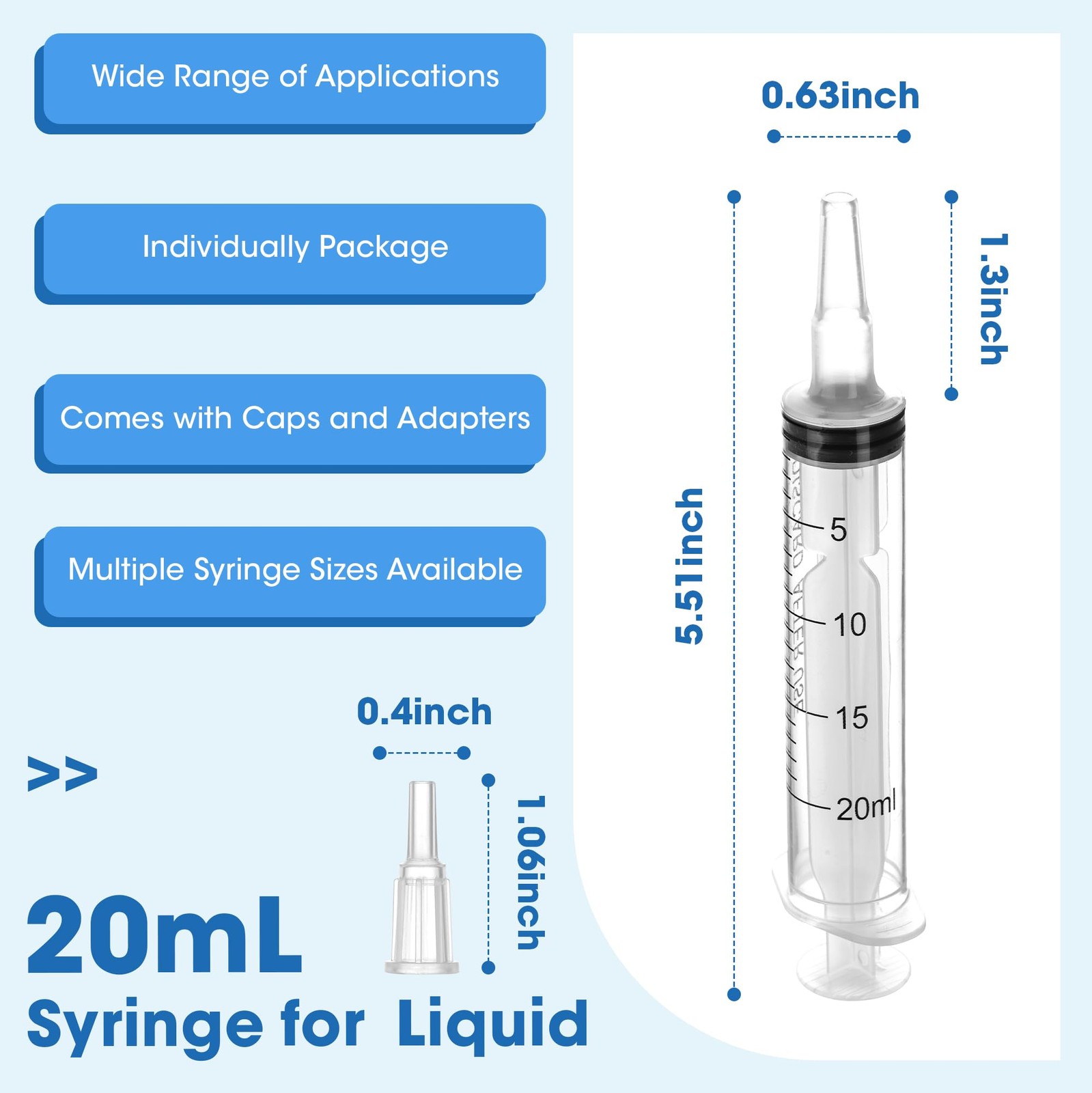 20mL Plastic Syringe for Liquid – 3 Pack Large Syringes with Adapter White