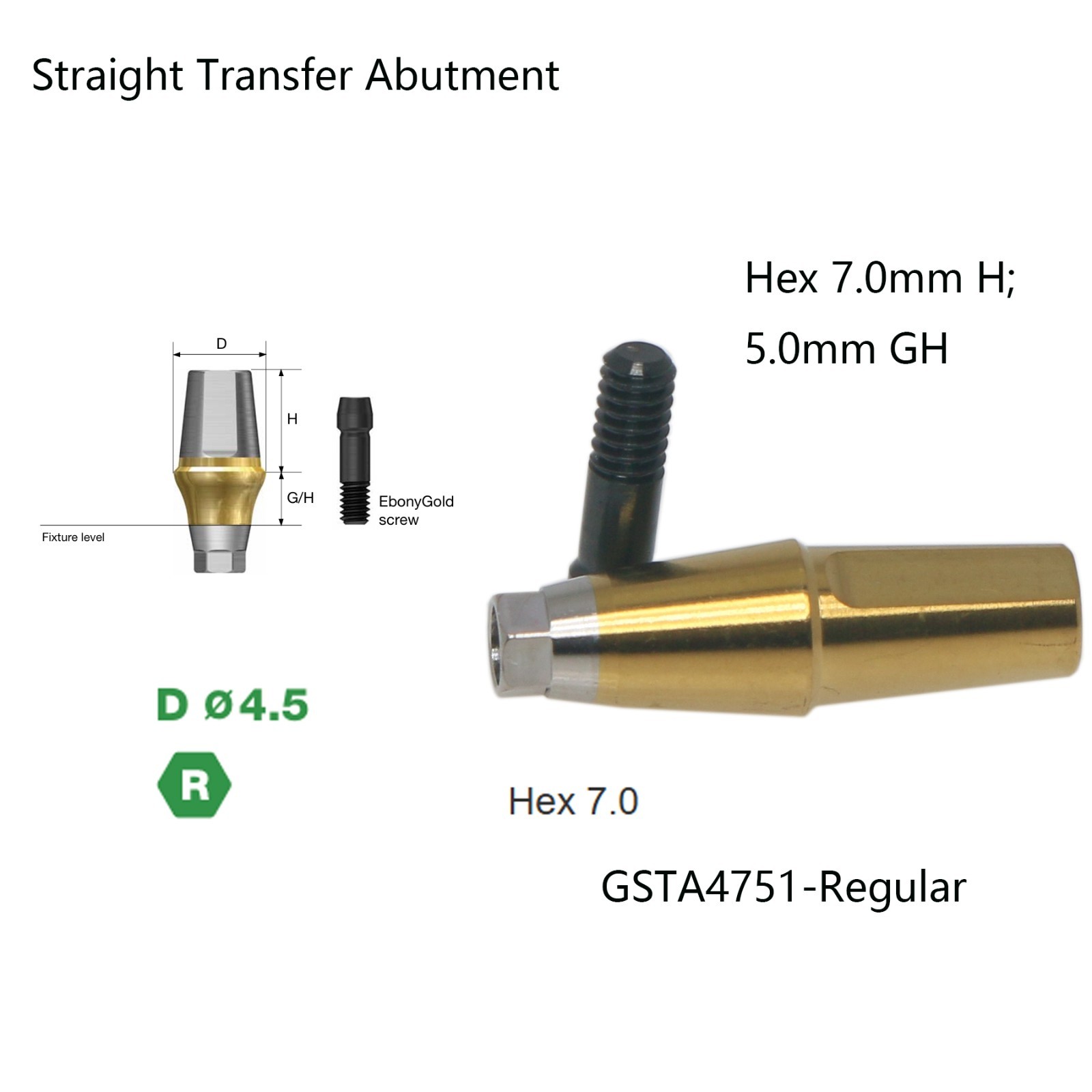 Hiossen Titanium Dental Regular Straight Abutment Hex Fit ET Ø4.5mm GH 1.0-5.0mm