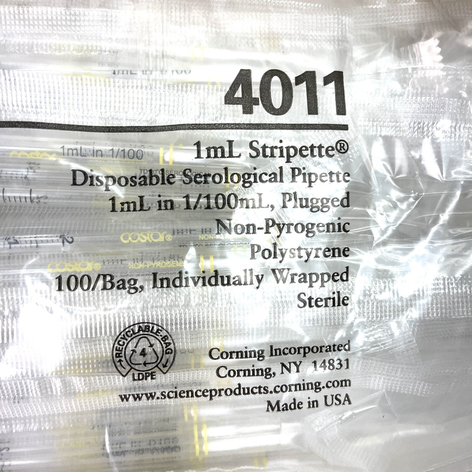 CASE OF 1000 Corning Costar 4011 Serological Pipette 1ml Stripette