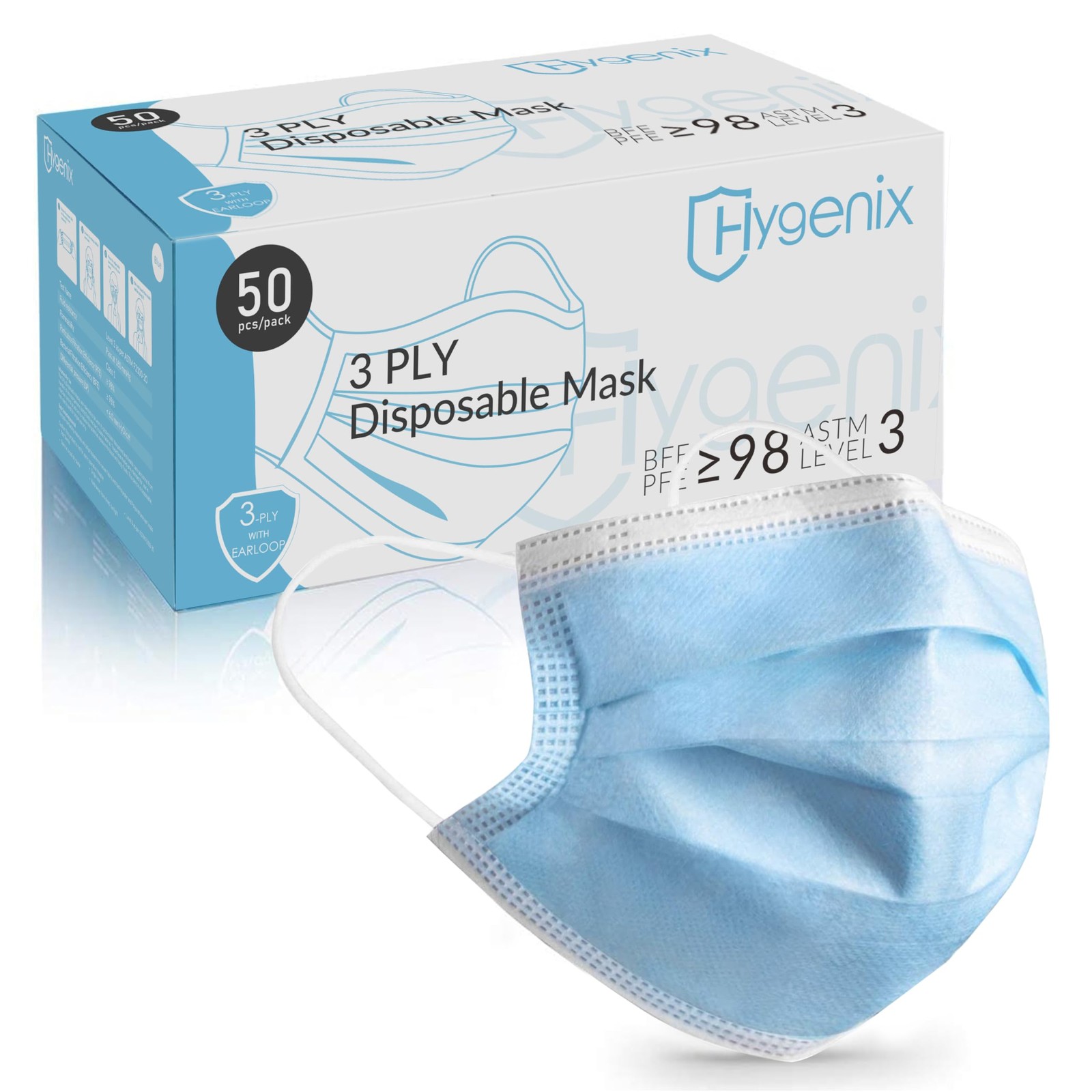 Hygenix Level 3 Procedure 3Ply Disposable Face Masks – ≥98 Filtration, Fluid