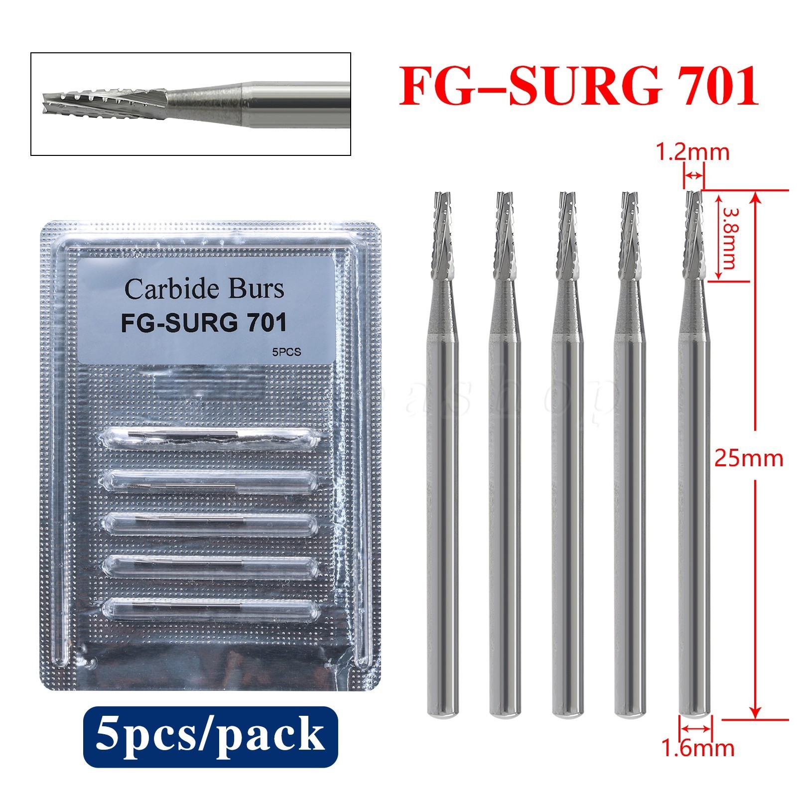 5-100pc Dental Long Shank Surgical Bur FG 701 25mm Tungsten Carbide Midwest FGOS