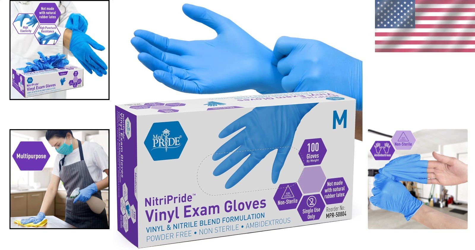 Disposable Blue Nitrile Vinyl Blend Gloves Medium Food Grade 100 Count