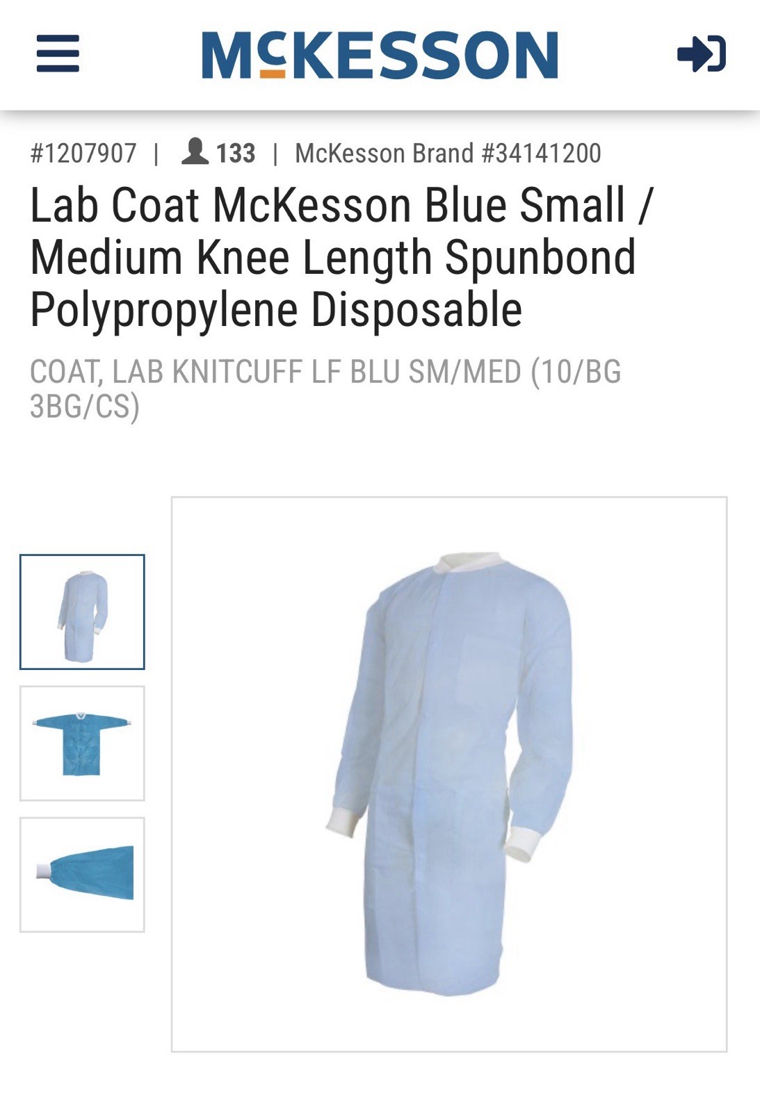 McKesson Disposable Lab Coats Blue 34141200 S/M Pack Of 10 Sealed Bag