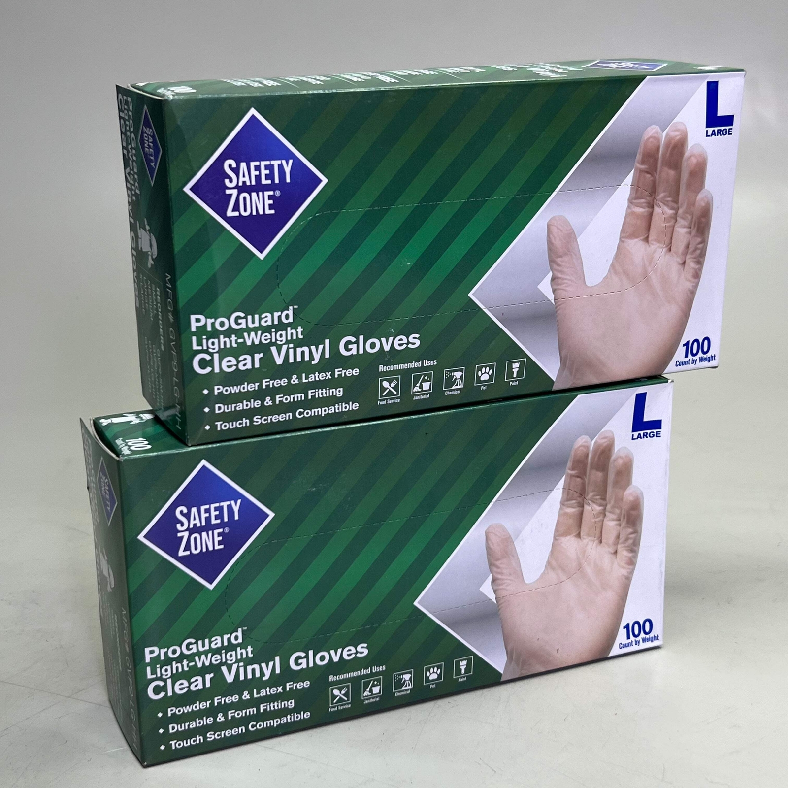 SAFETY ZONE (2 PACK of 100 Gloves) Clear Vinyl Gloves Sz L, GVP9-LG-HH