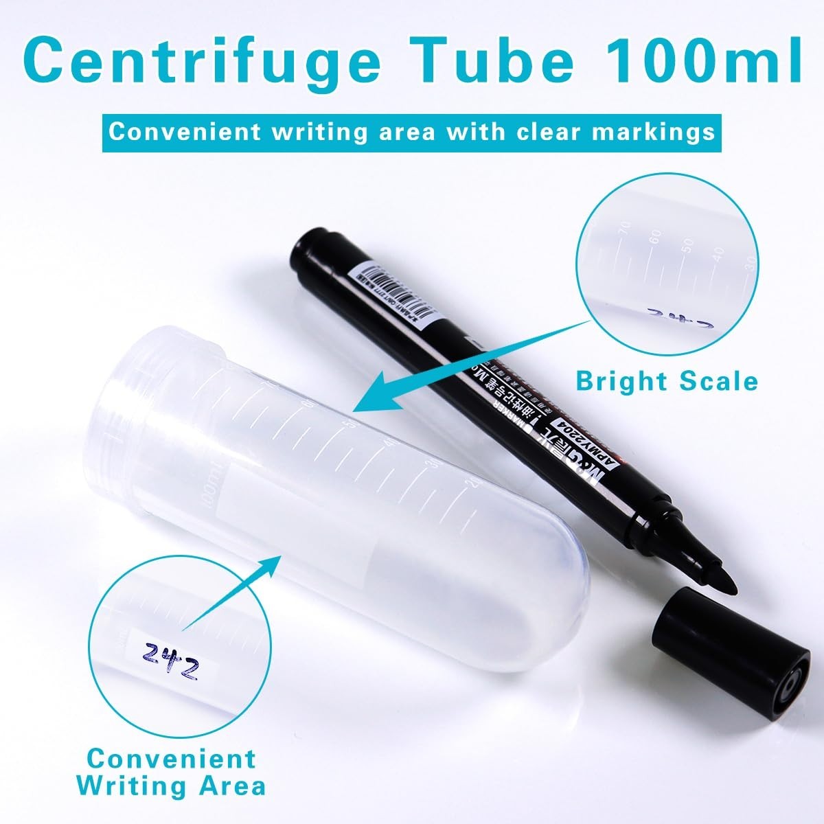 100ml Conical Centrifuge Test Tubes with Caps – Round Bottom, Graduated, 10pcs