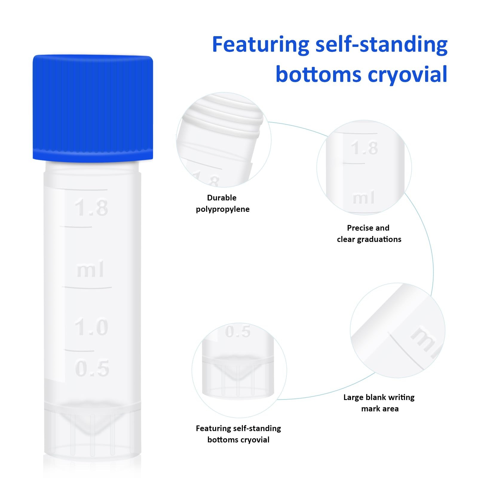2ml Small Plastic Vials Leak Proof Caps, Cryogenic Sample Self Stand 50 PCS