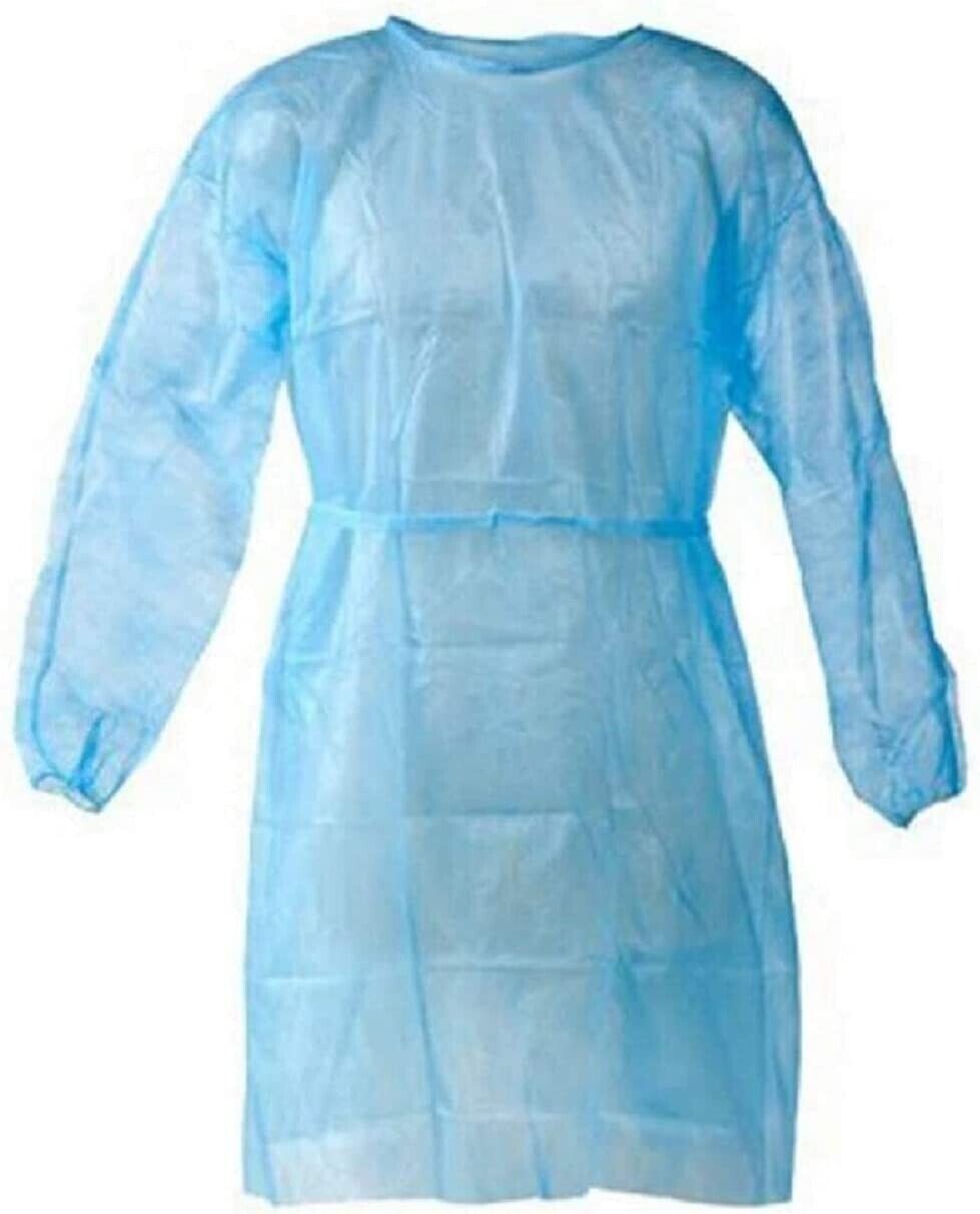 10 pcs Disposable Blue Gown/ Elastic Cuff,Ties Back(neck+Waist)one Size fit All