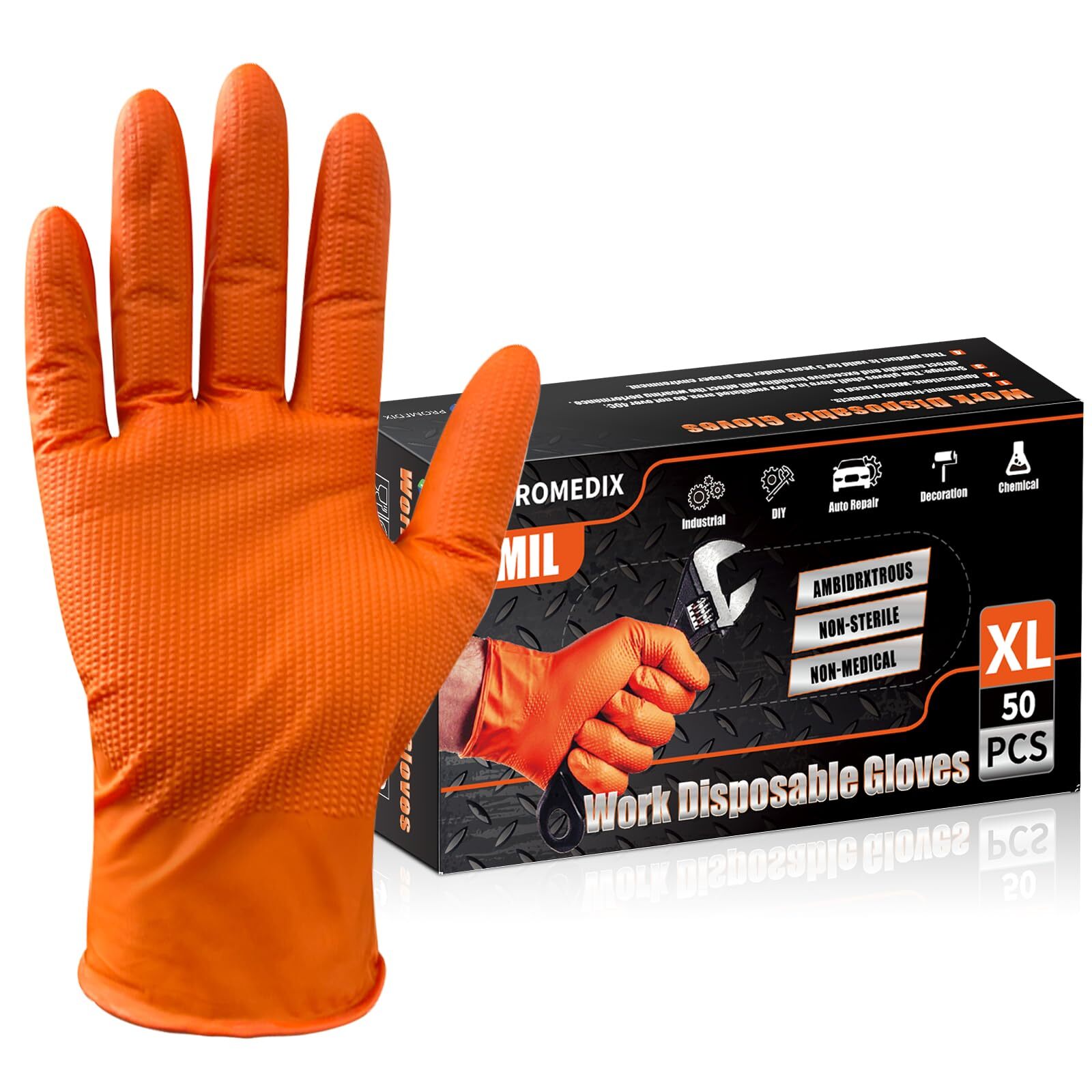 Heavy Duty Nitrile Disposable Gloves8mil Orangeraised Diamond Texture Work Glove