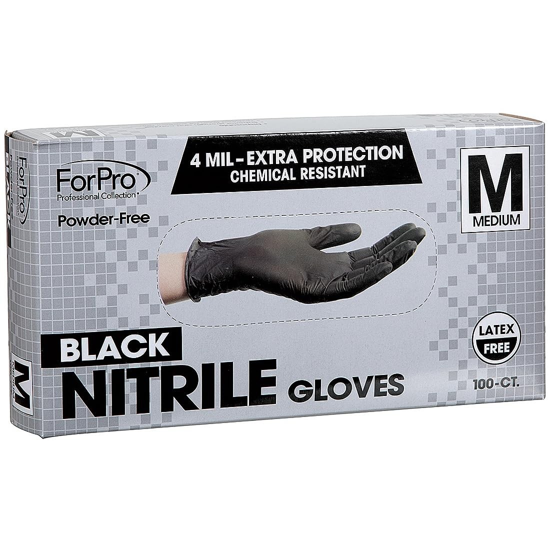 ForPro Disposable Nitrile Gloves, Black, Medium, 100~Count