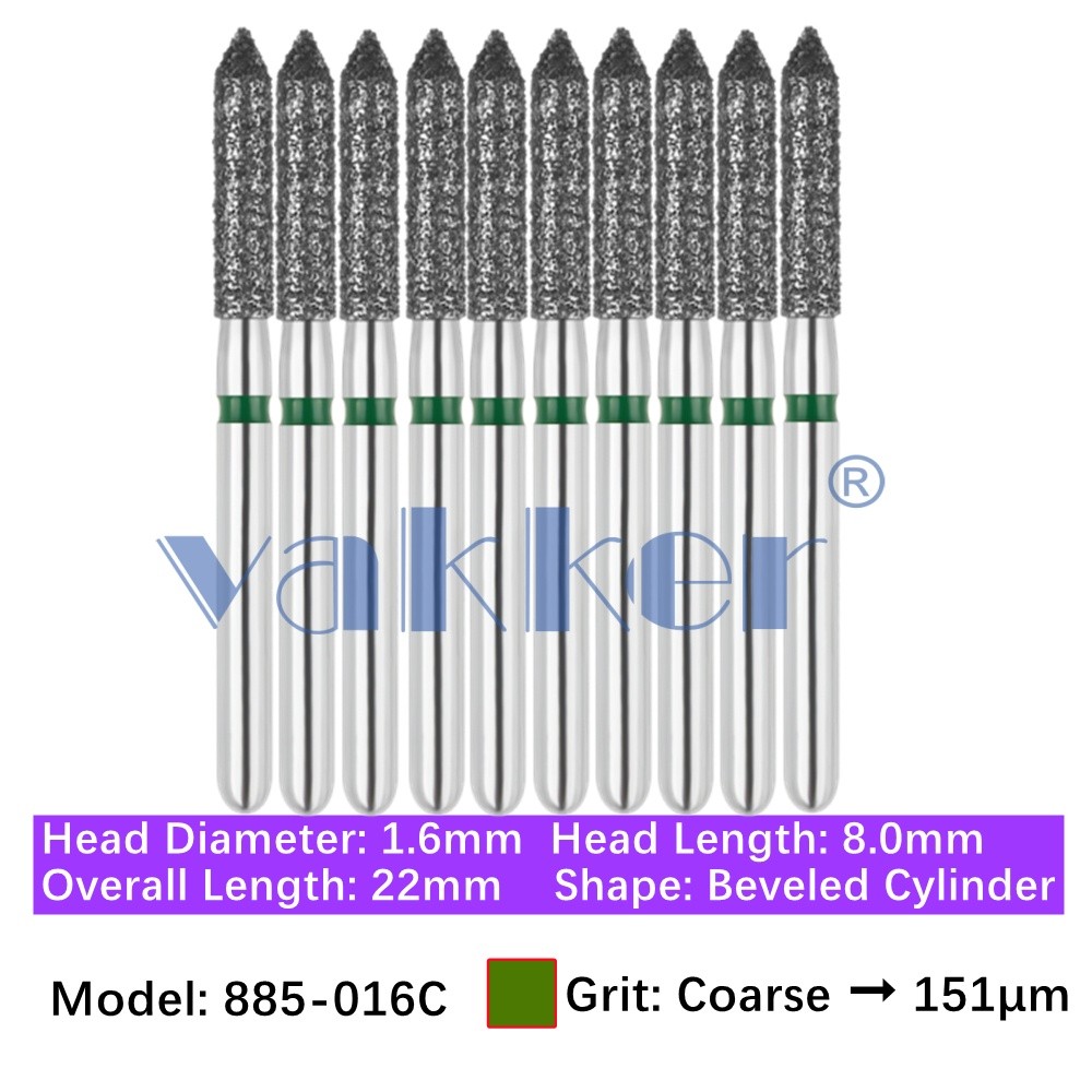 10/Pk Vakker Dental FG Diamond Burs 885-016C Coarse Grit Beveled Cylinder Bur