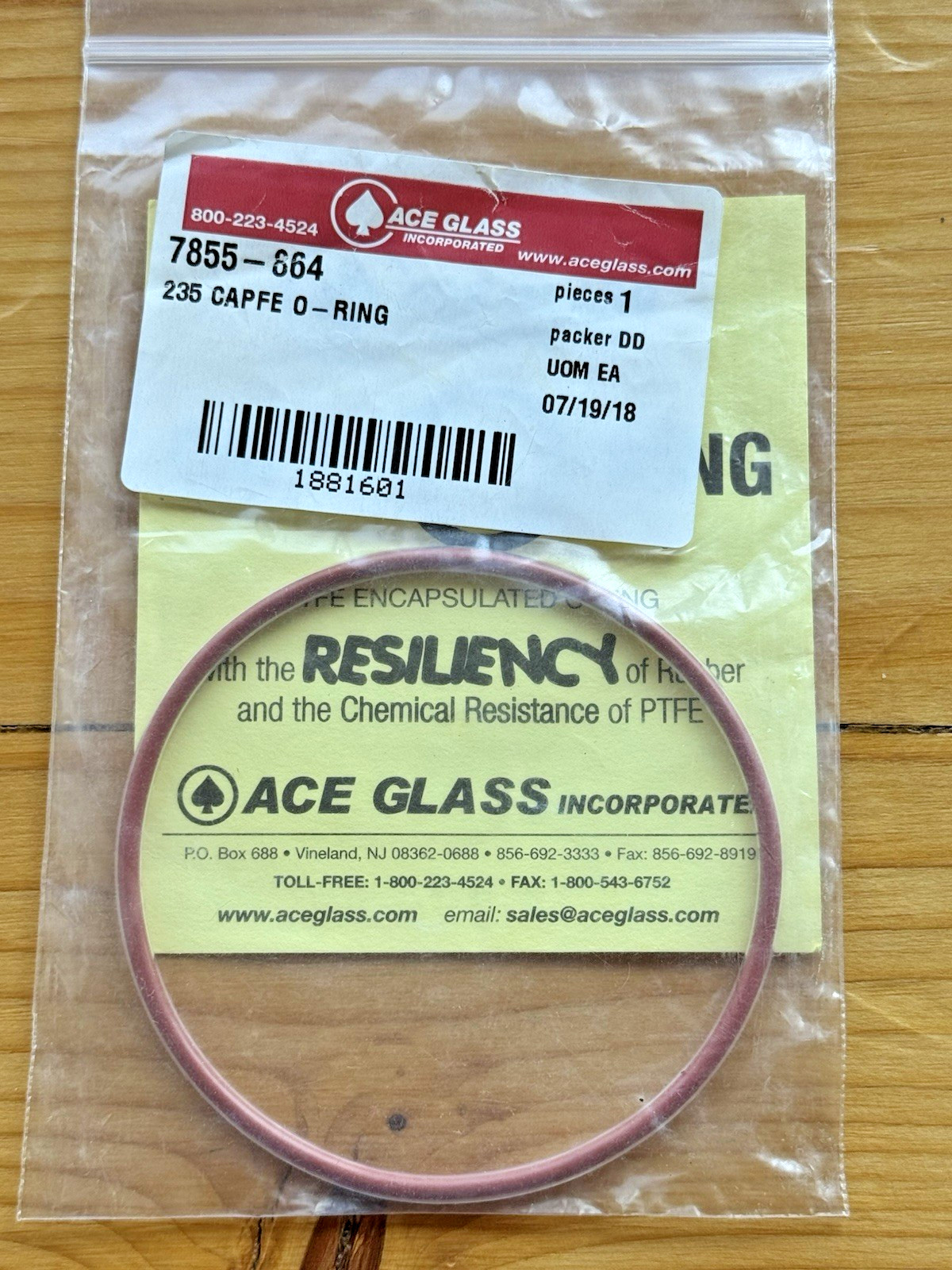 ACE GLASS CAPFE O-Ring Size-235 7855-864 PTFE Encapsulated