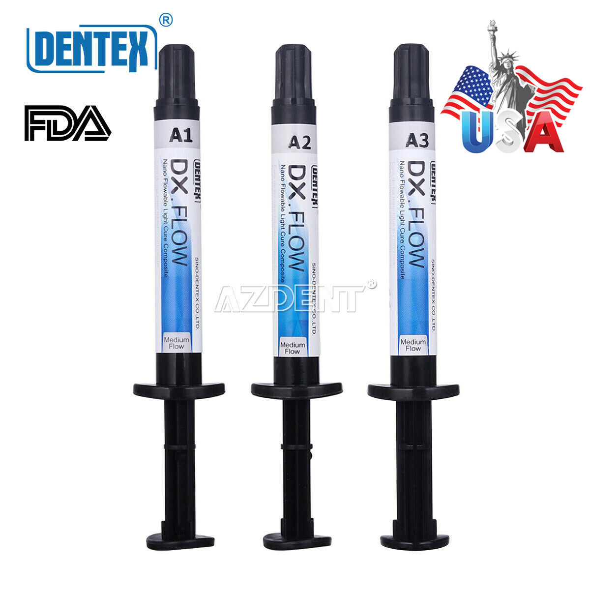 DENTEX DENTAL FLOWABLE LIGHT CURE COMPOSITE RESIN NANO MEDIUM FLOW A1 A2 A3