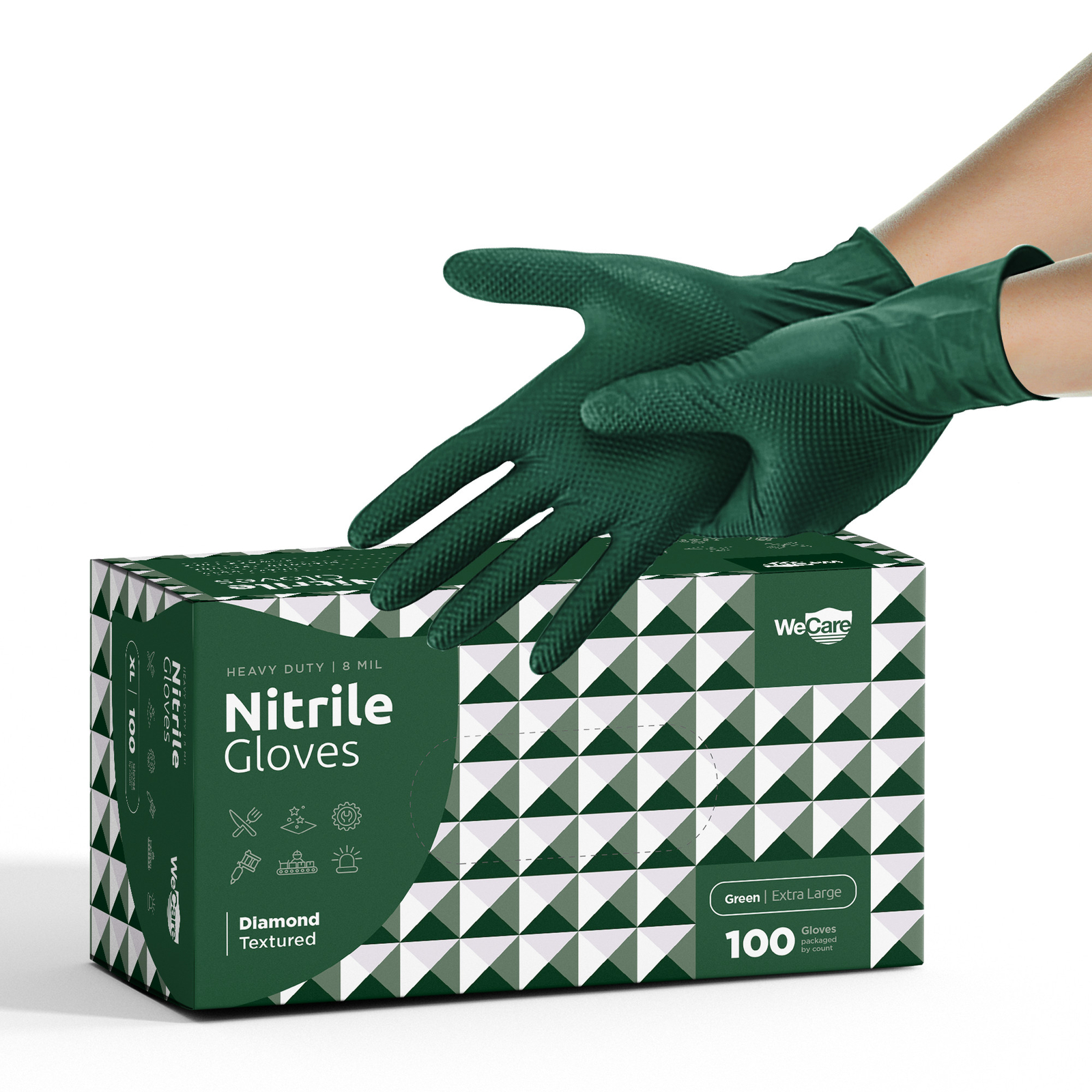 WeCare 8 mm Nitrile Heavy Duty Gloves Diamond Grip Latex Free XL Green 100 Ct