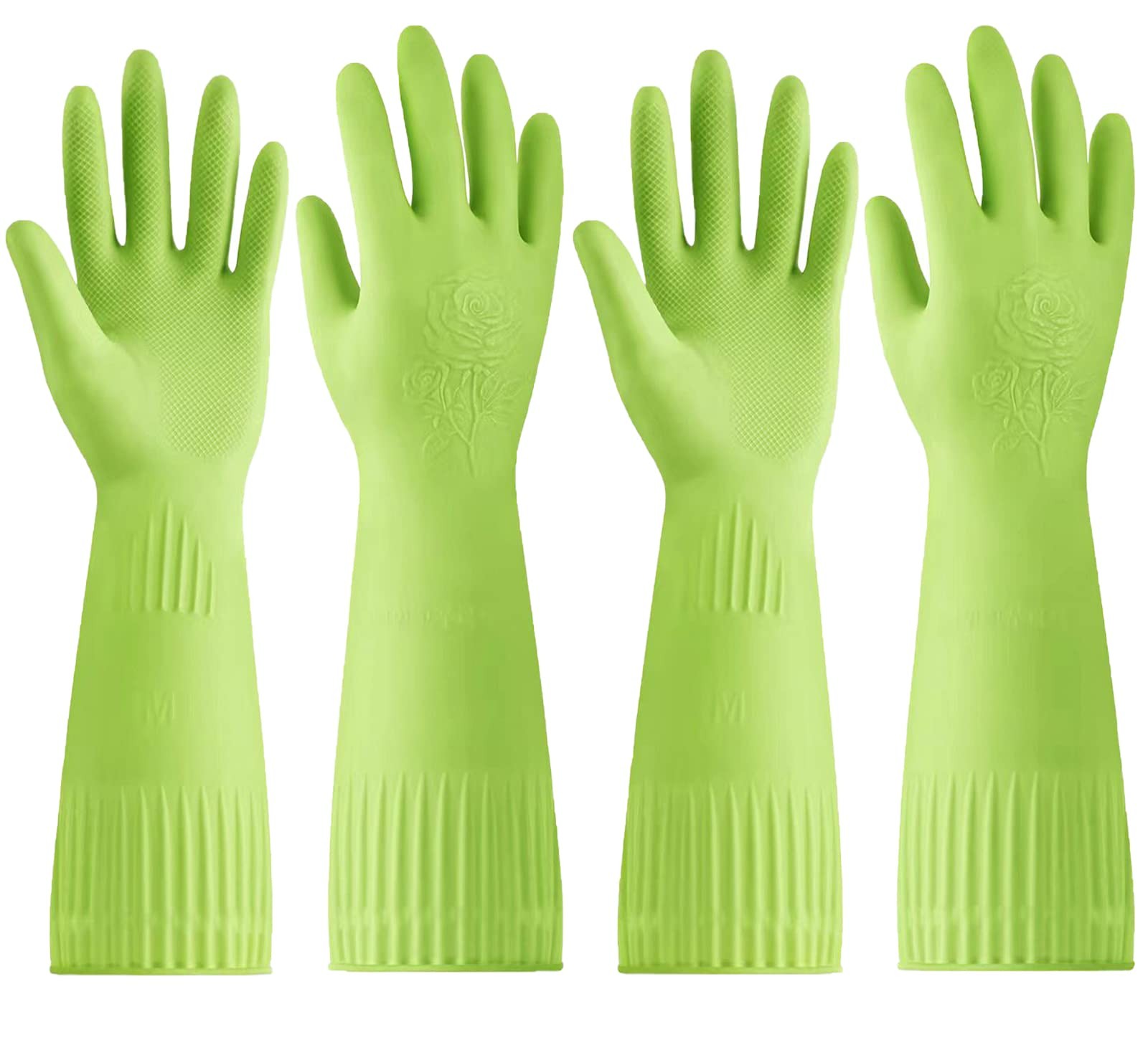 Reusable Dishwashing Gloves, Long Sleeve Waterproof, 2 Pairs, Medium Green