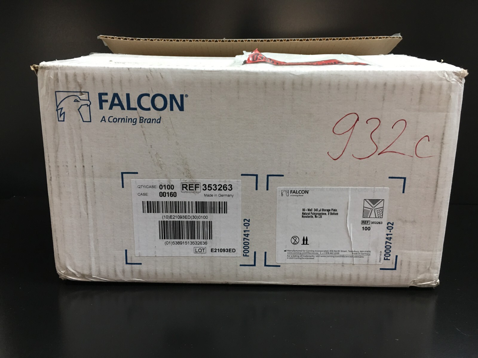 Corning Falcon REF 353263 96-well Clear V-Bottom Storage Microplate 340uL Case