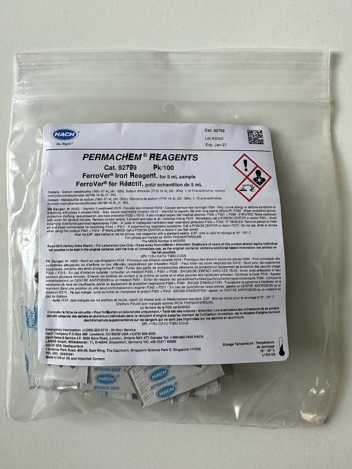 New Hach 92799 FerroVer Iron Reagent Powder Pillow For 5 mL Sample, Pk/100