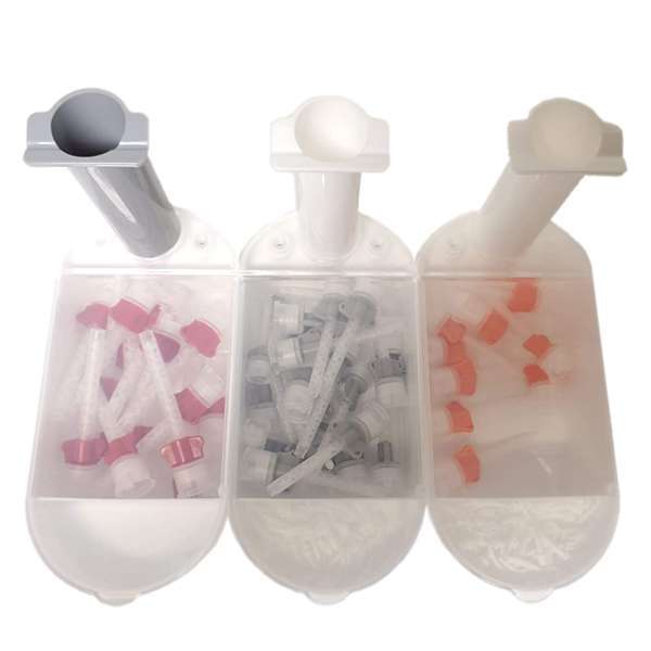 DX-Mixer Dispenser Gun Holder and Tip Organizer. 3 Bins with Lid, 3 Slots