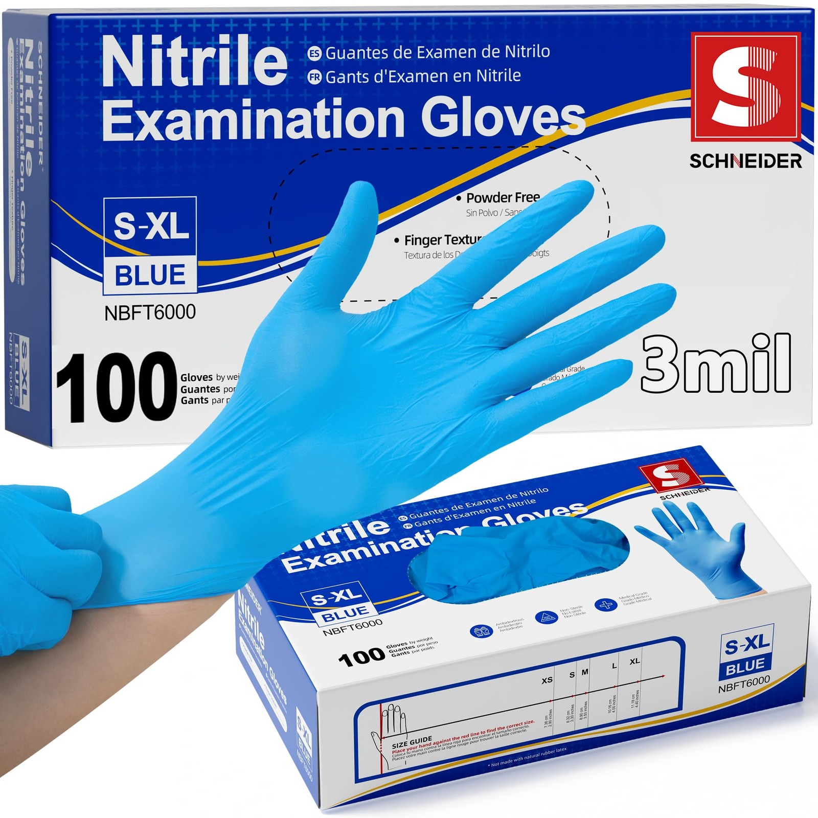 Schneider Medical Nitrile Exam Gloves, Powder-Free, Latex-Free, Medium, Blue