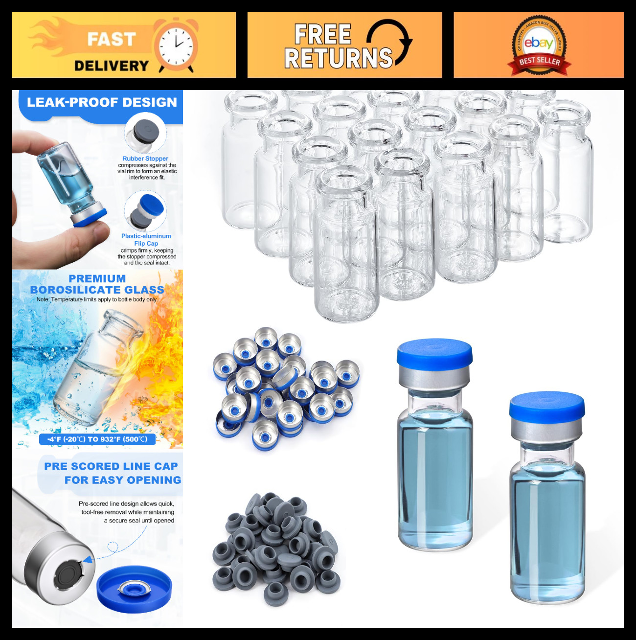 200 PCS 10ml Clear Glass Vials with Rubber Stoppers & Flip Caps – Lab Supplies