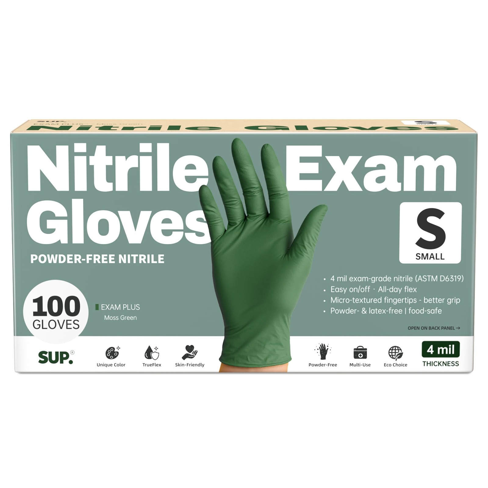 Powder~Free Nitrile Gloves, 100 Count, Food Safe, Green, Small