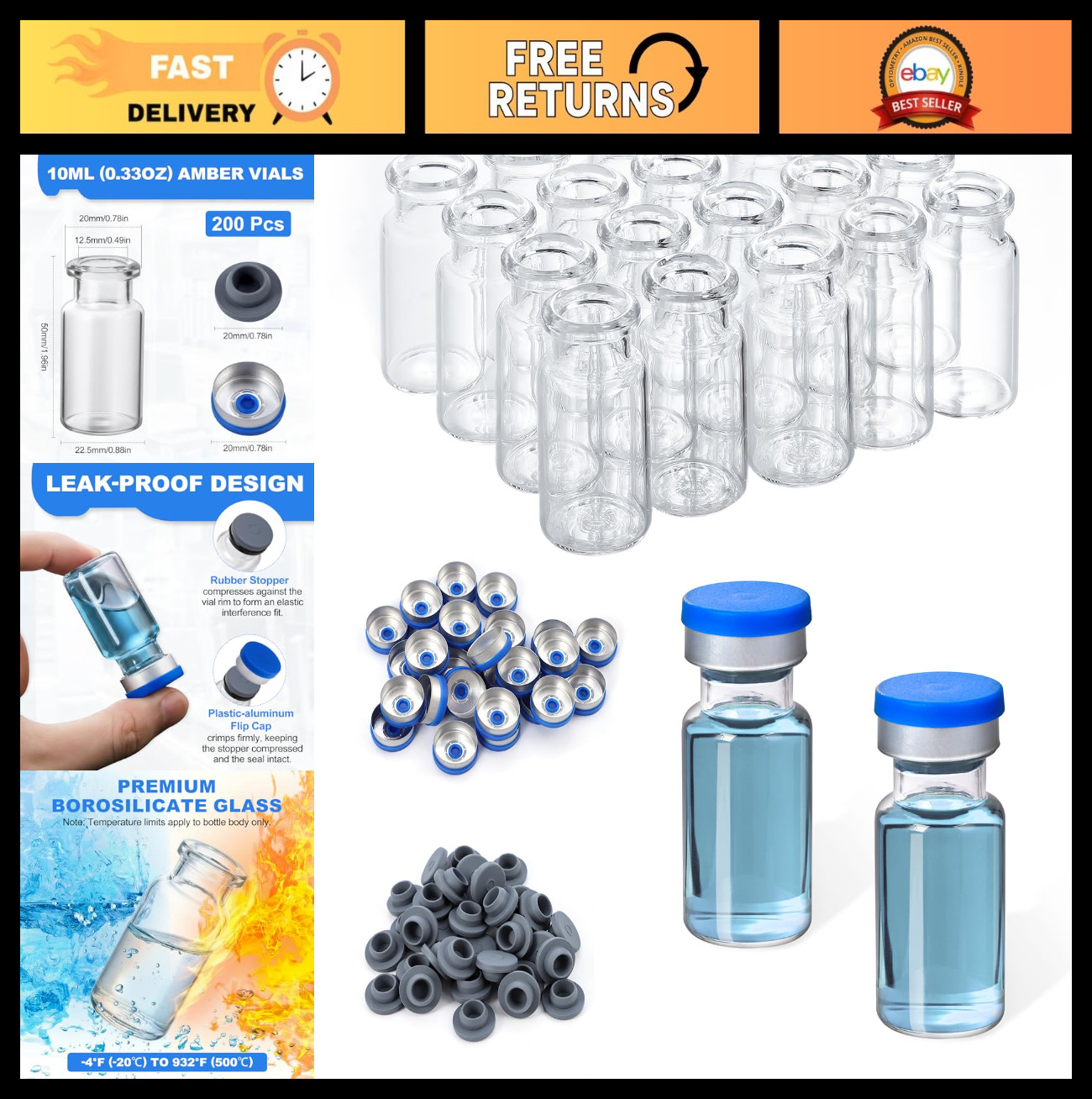 200 PCS 10ml Clear Glass Vials with Rubber Stoppers & Flip Caps for Lab Use