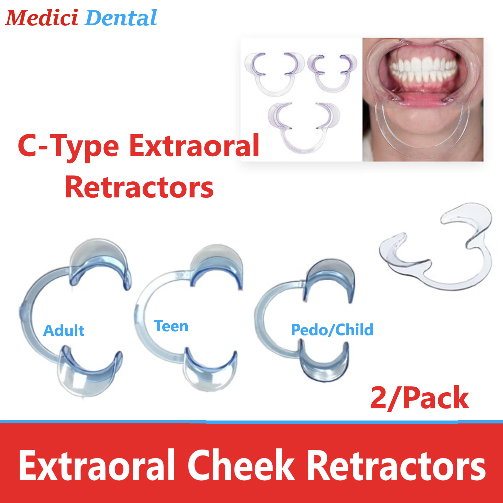 C-Type Dental Extraoral Cheek Retractors Handfree Autoclave Adult Pedo Teen, 2Pk
