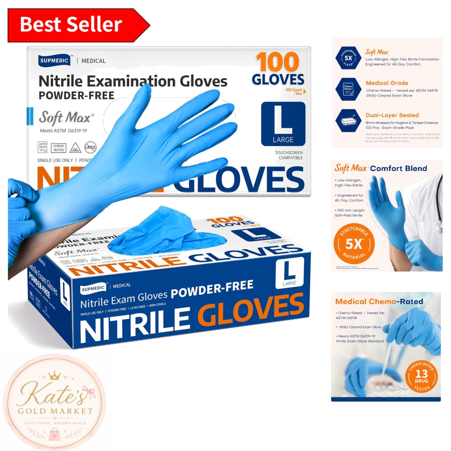 Medical Soft Max Nitrile Exam Gloves, 100 Count – Latex-Free, Food Safe, Large