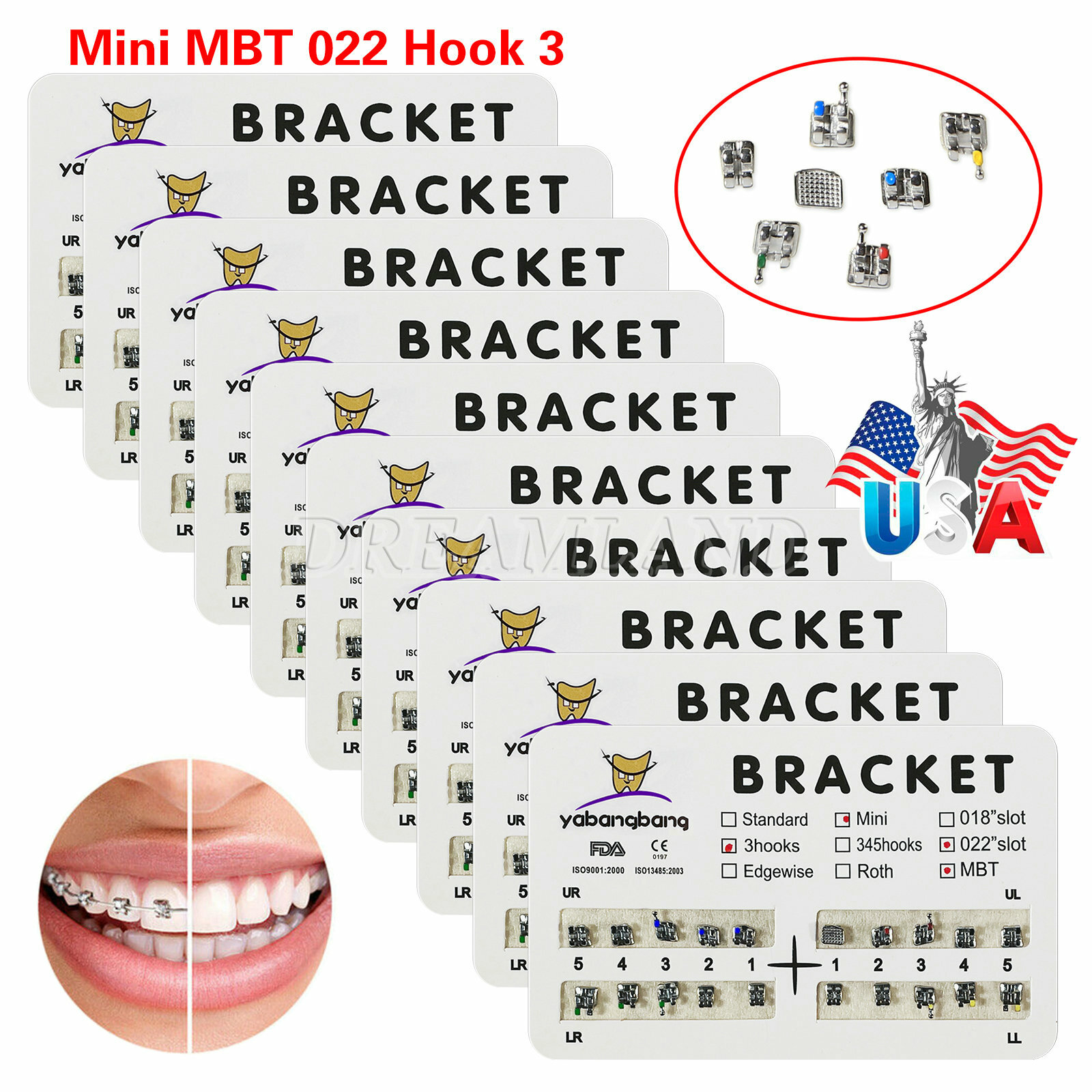 10 Packs Dental Orthodontic Metal Braces Brackets Mini MBT 022″Slot 3 Hooks YBB
