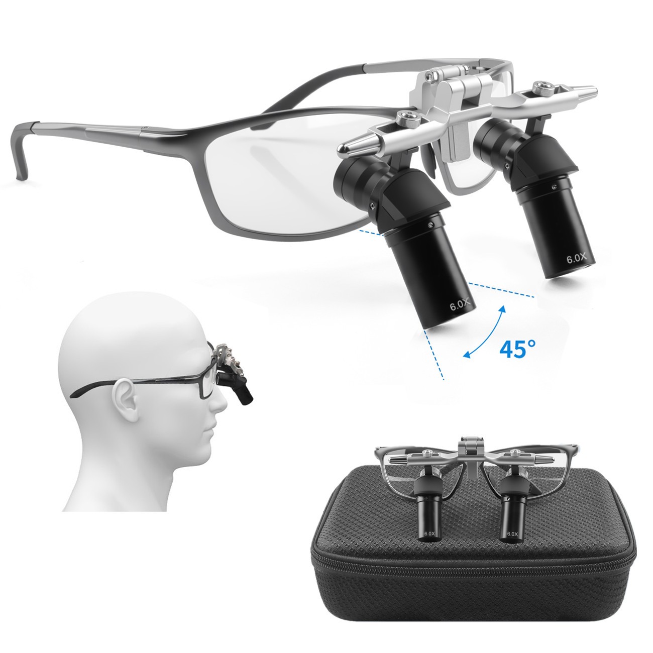 6.0X Dental Surgical Magnifiers 48° Ergo Loupes Pupil Distance Adjustable