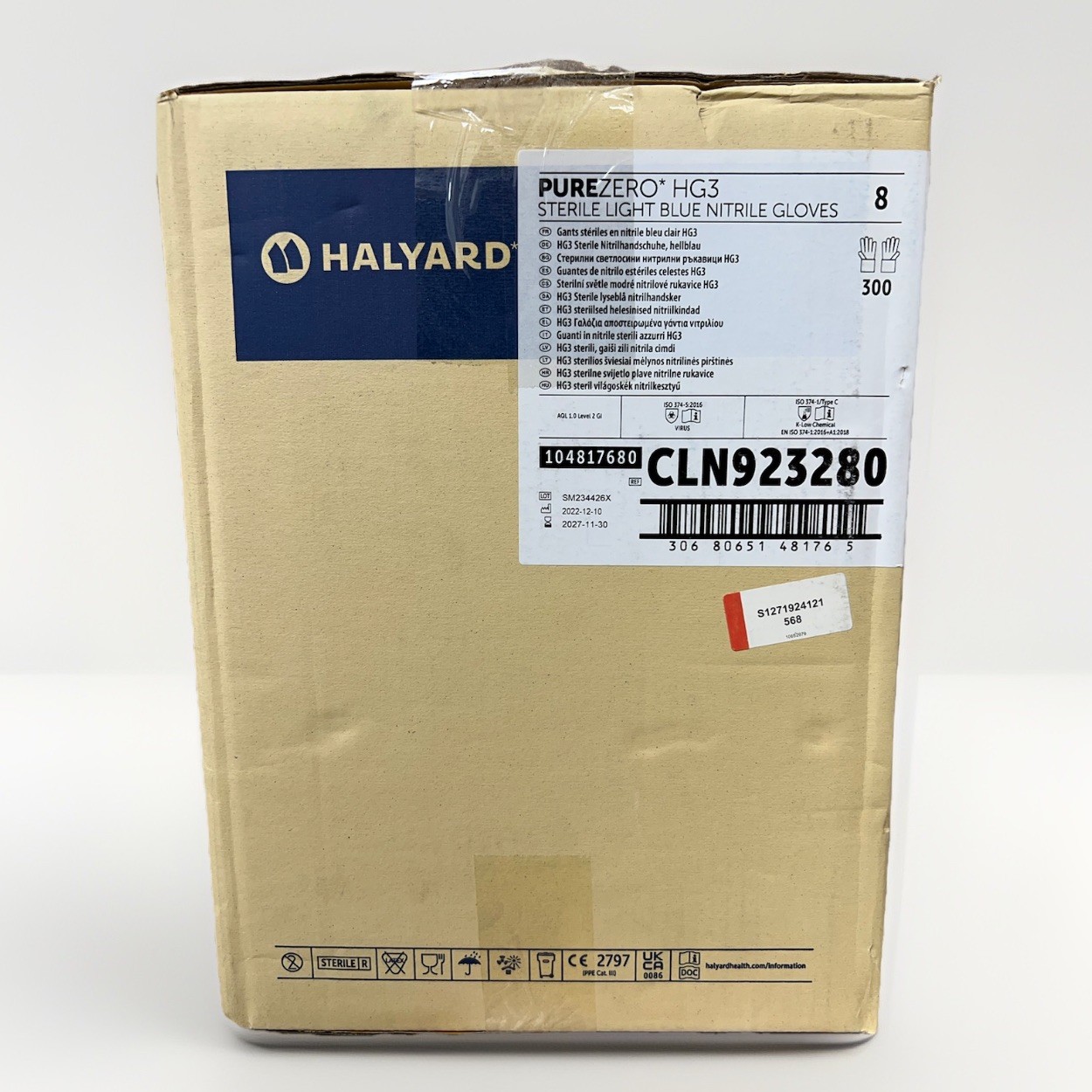 Halyard PureZero HG3 CLN923280 Sterile Light Blue Nitrile Gloves Size 8 Case