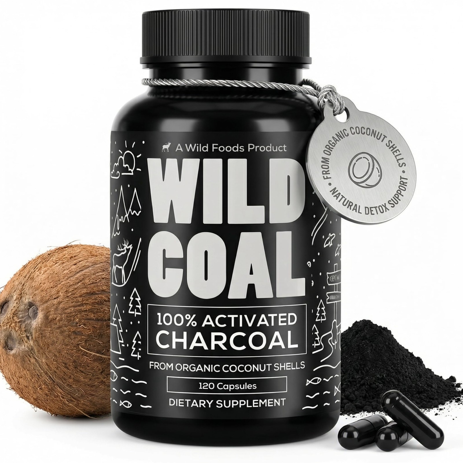 Wild Foods Activated Charcoal Capsules | 100% 120 Count (Pack of 1), Black