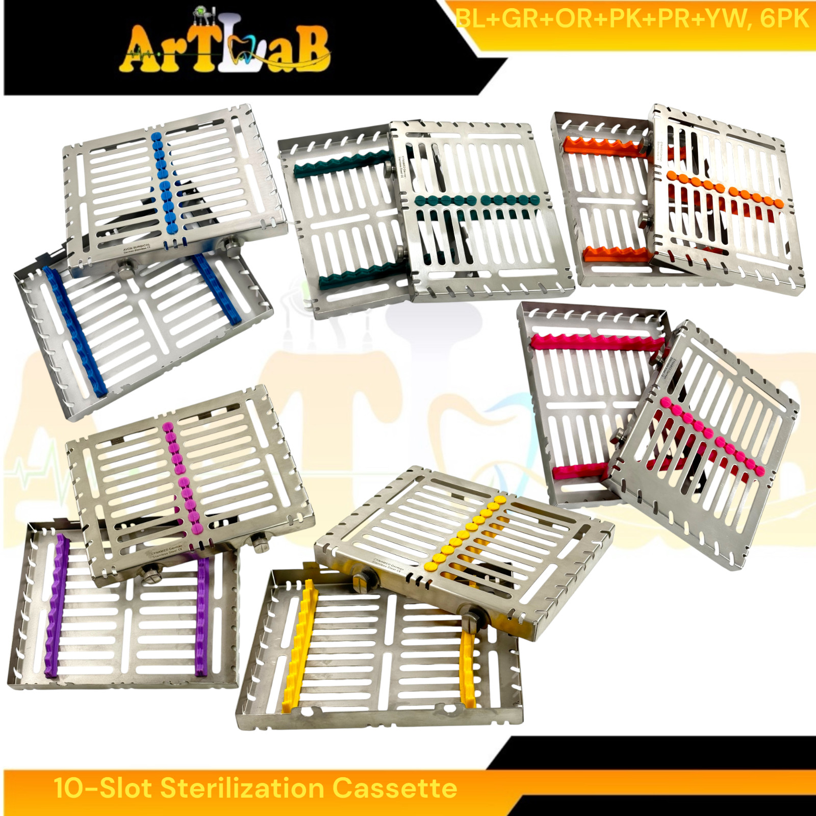 6 Count – Sterilization Cassettes for 10 Instruments, Detachable, 2-Button Lock