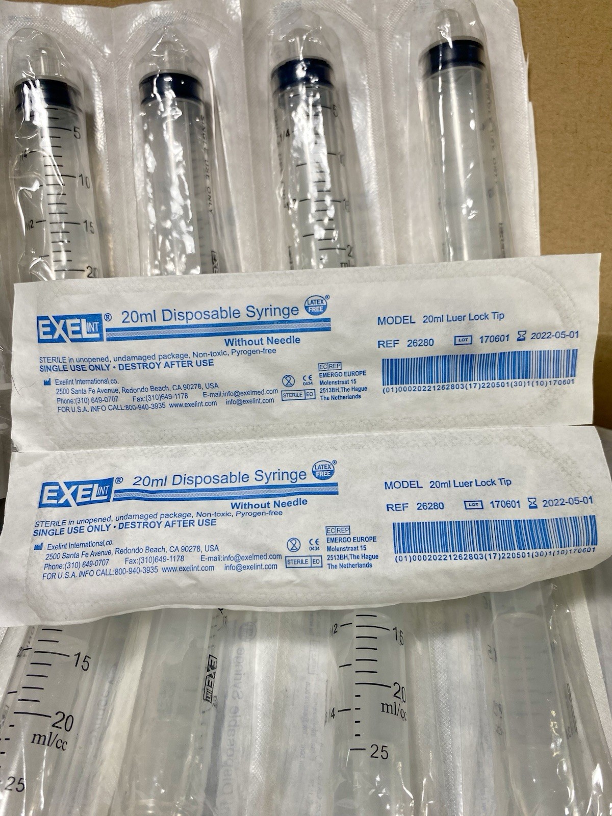 EXEL INT ~ 20ml Disposable Syringe Luer Lock Tip (Box of 50) ~ Latex Free