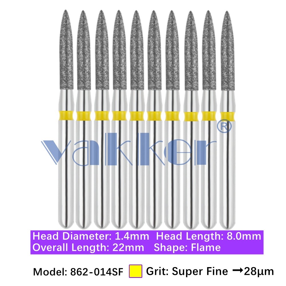 10pc Dental 862-014SF Super Fine Grit FG Diamond Bur Friction Grip Flame Shape