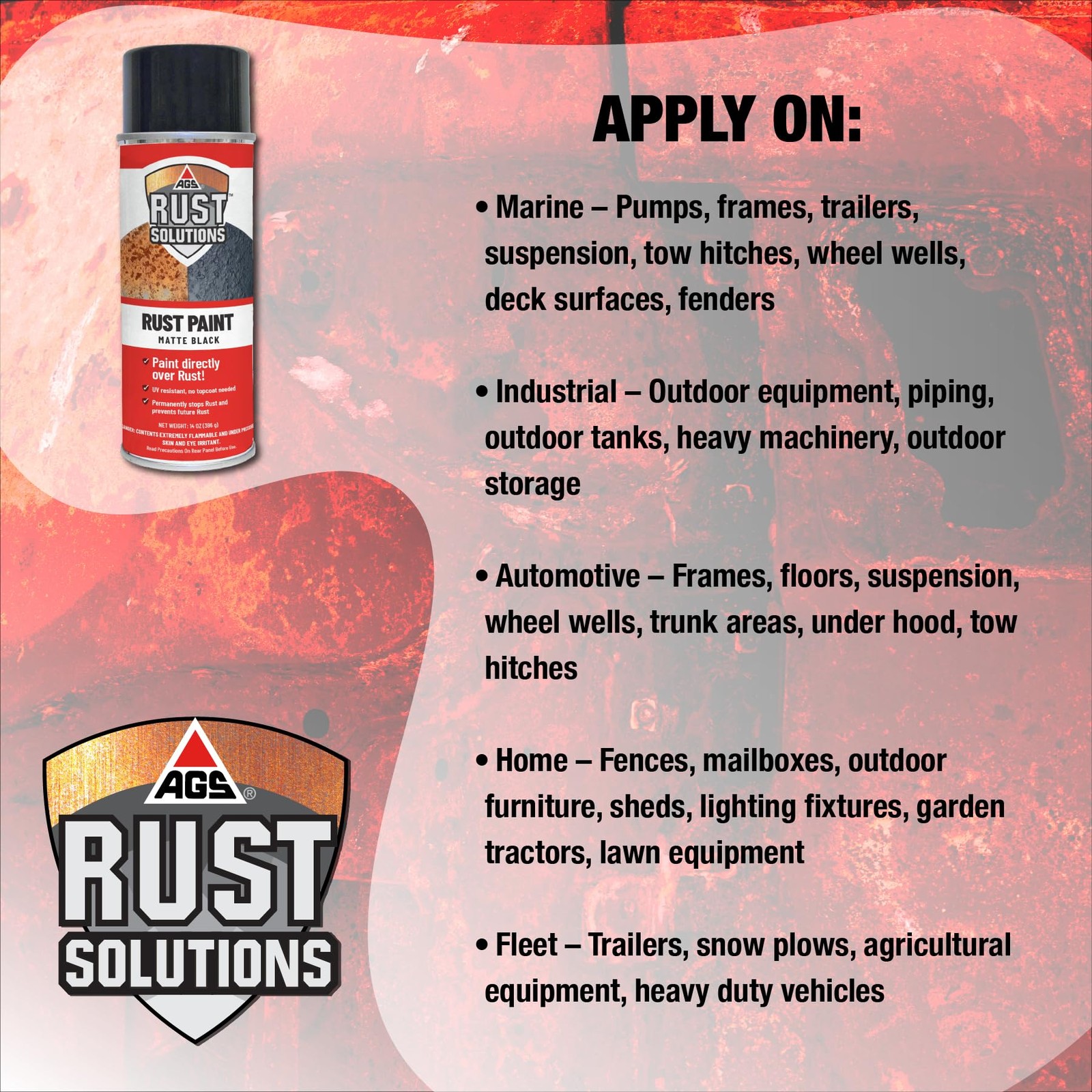 AGS RUST SOLUTIONS Rust Spray Paint 14oz Durable Matte Black for All Surfaces