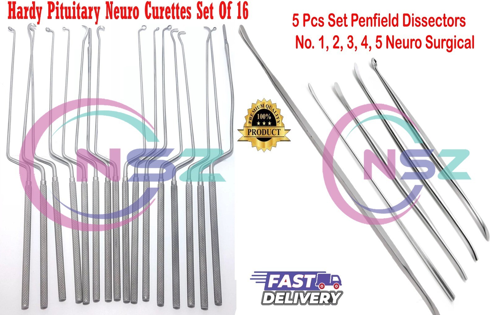 Hardy Pituitary Neuro Curettes Set Of 16Pcs/5Pcs Penfield Dissectors No. 1, 2, 3