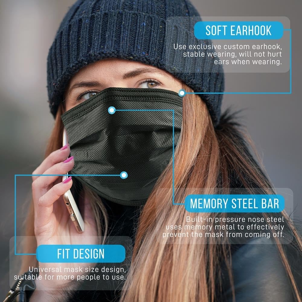 Black 3 Layer Disposable Face Masks Adjustable Ear Loops For Adults And Kids