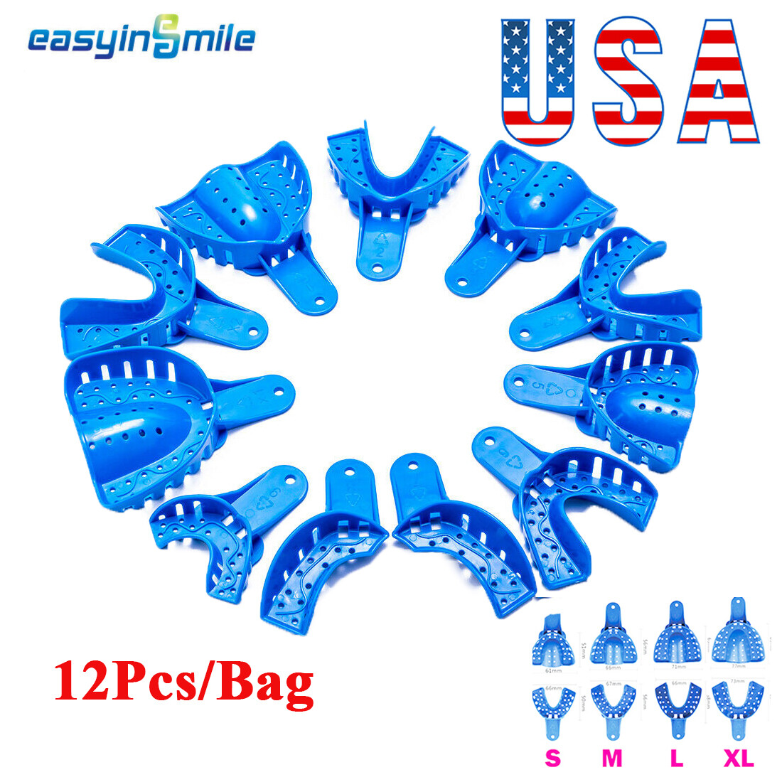 12 pcs Dental Impression Trays Perforated Plastic Denture tray Upper/Lower L/M/S