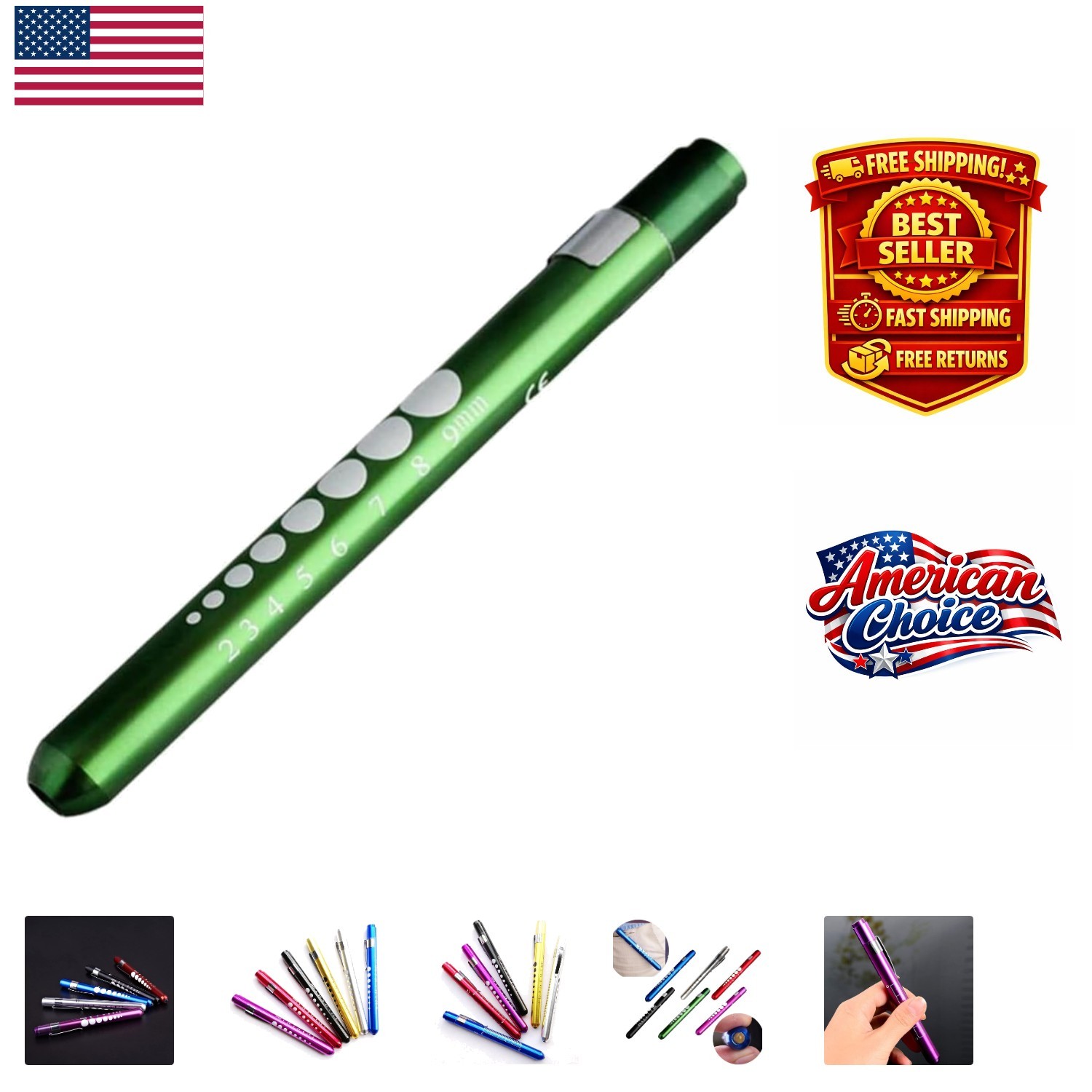 Professional Green LED Penlight with Pupil Gauge for Nurses & Doctors – Compact