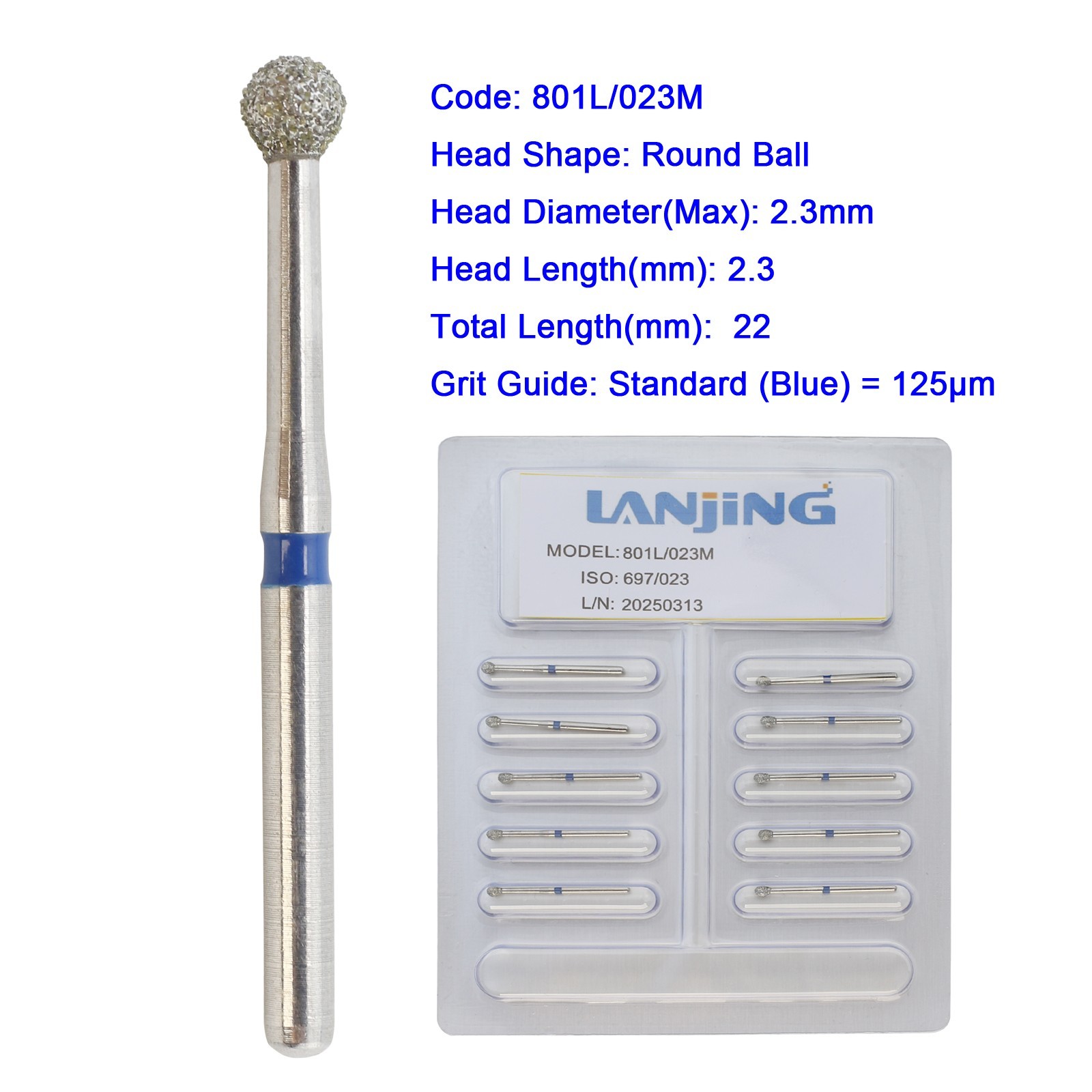 Dental Diamond Bur Multi-use Long Round Ball Bur FG High Speed 801 Surgical 801L