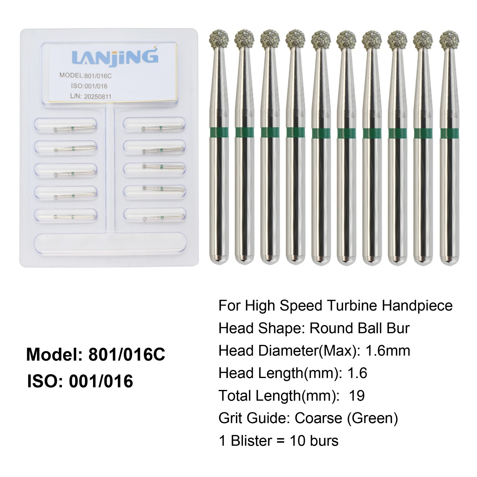 Dental Round Diamond Bur Coarse Grit High Speed Burs Friction Grip 801/016C FG