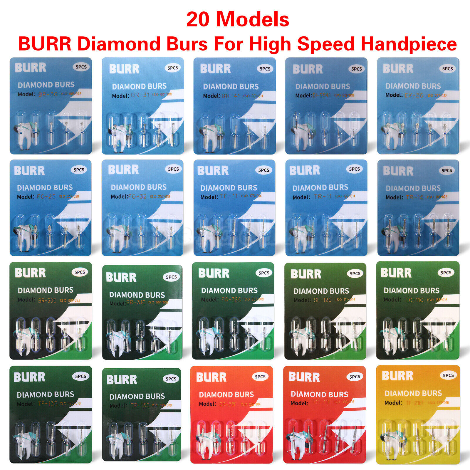 20Types 100Pcs Dental Diamond Burs Drills For High Speed Handpiece Medium FG BUR