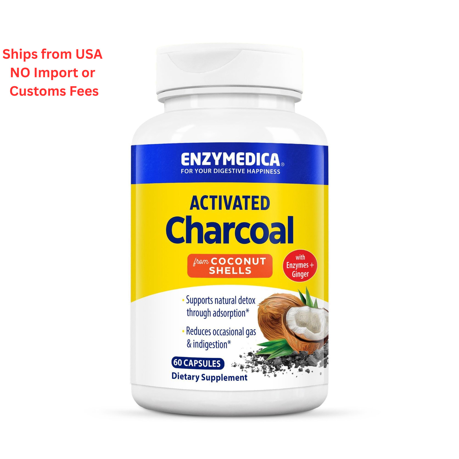 Enzymedica Activated Charcoal from Coconut 60 count (Pack of 1), No Color