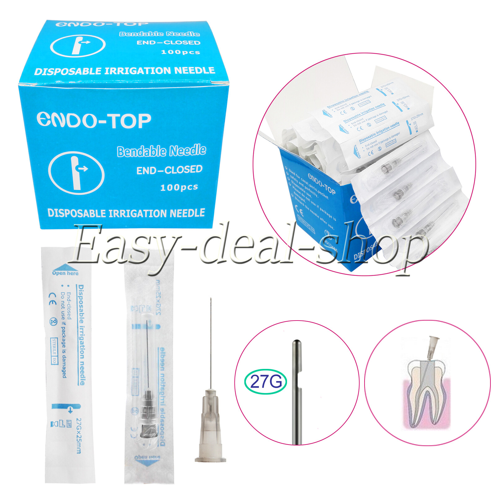100Pcs Dental Endo Irrigation Tip 27G End-closed Side Hole Sterile Packaging