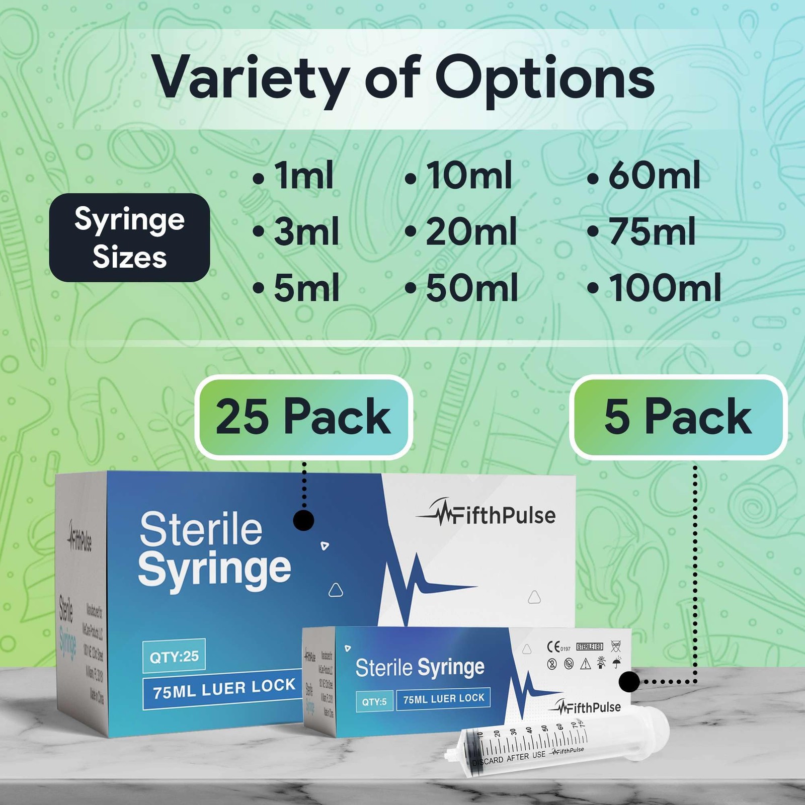 FifthPulse 75 ml Syringe without Needle 5 Pack of Individually Wrapped Dispo…