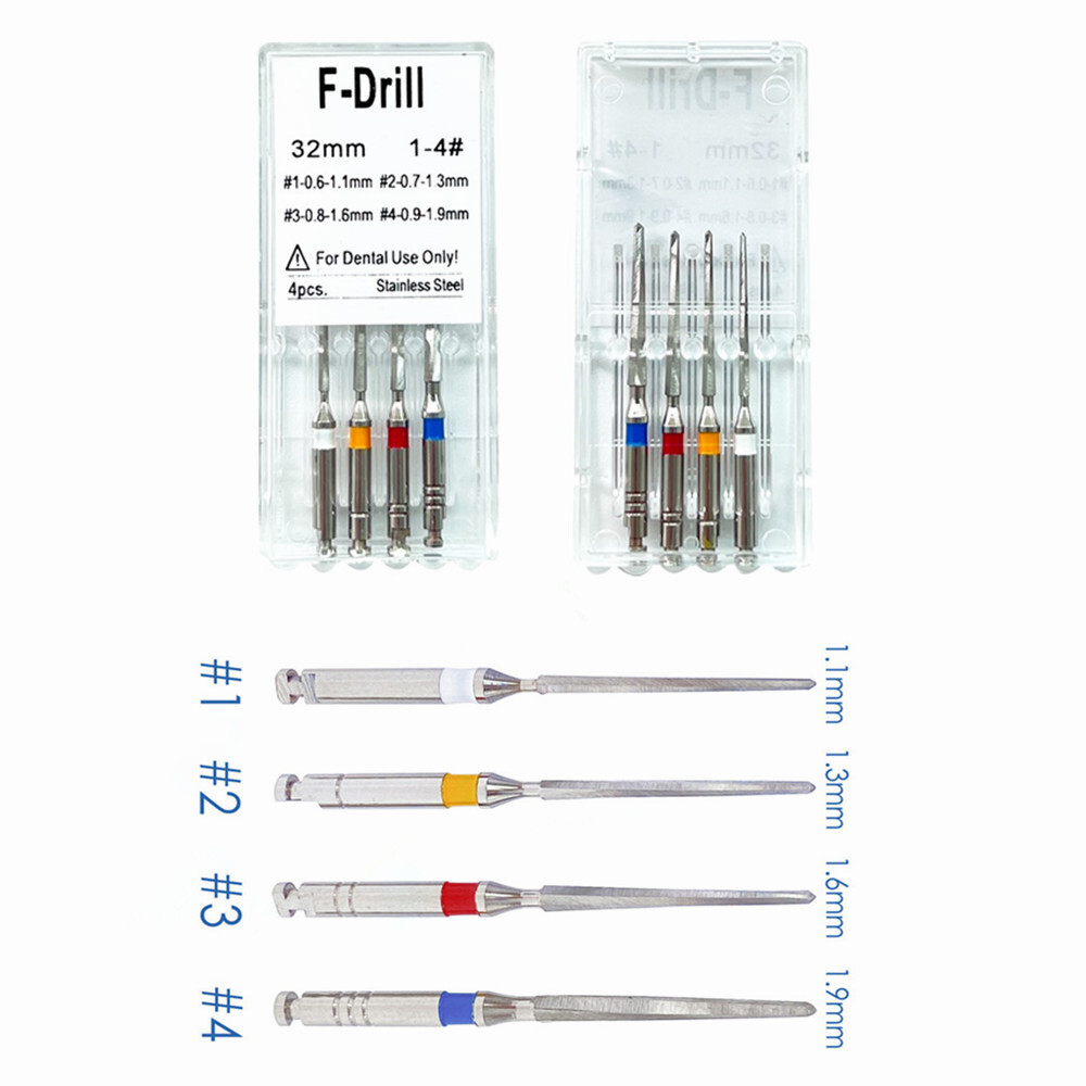 4Pc/Box Dental Stainless Steel Endodontic Root Canal Fiber Post Drills 1.1-1.9mm