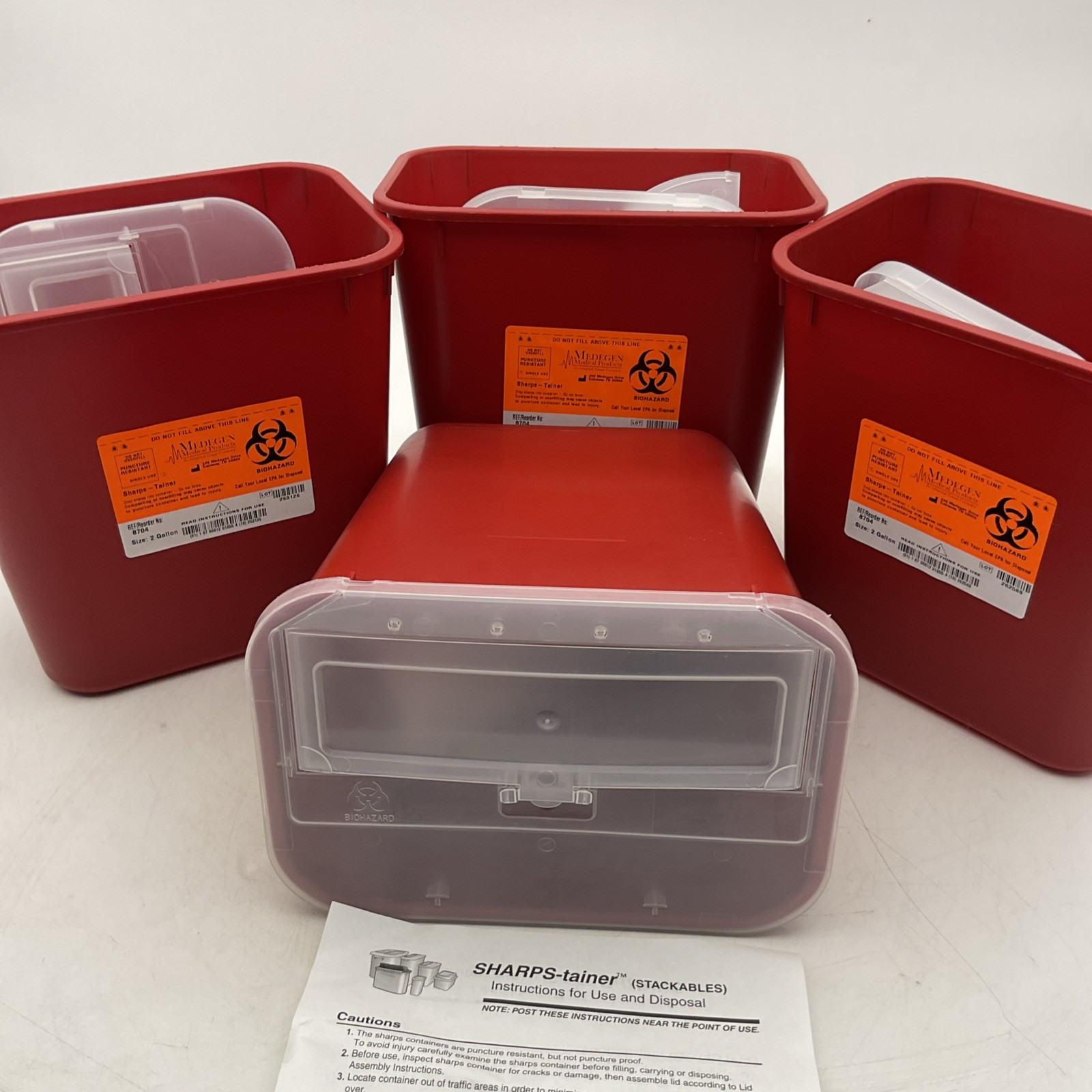 Medegen Medical 2 Gallon Sharps Container, Red, Flat Lid, 4 pk NEW FREE SHIPPING