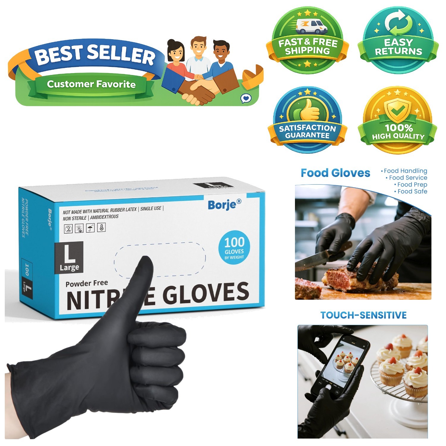 Large Black Nitrile Gloves, 100 Count – Latex-Free & Food Safe for Maximum Pr…