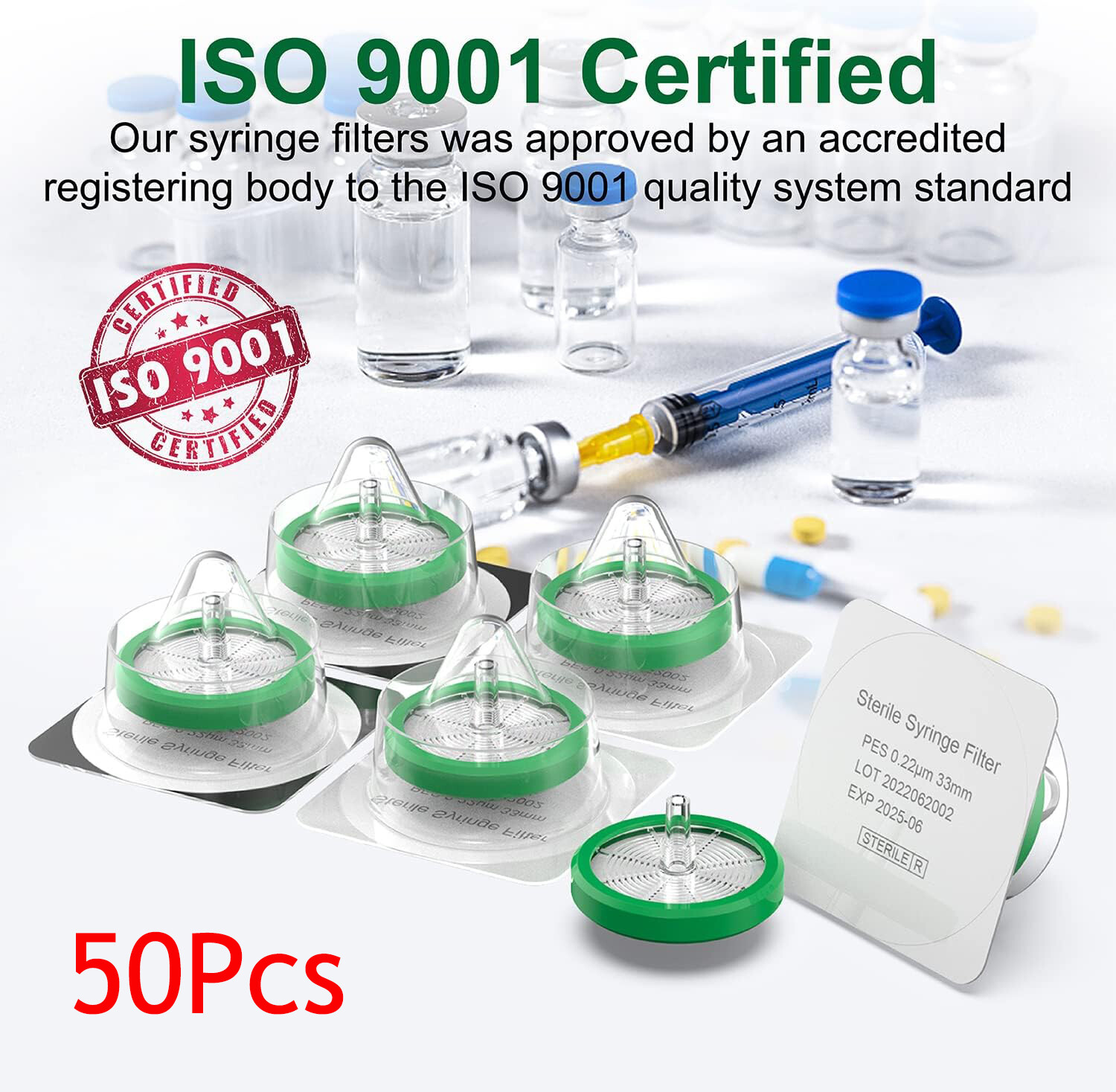 50 Pack Sterile Syringe Filter PES Membrane Filtration 33mm 0.22μm Lab Filters